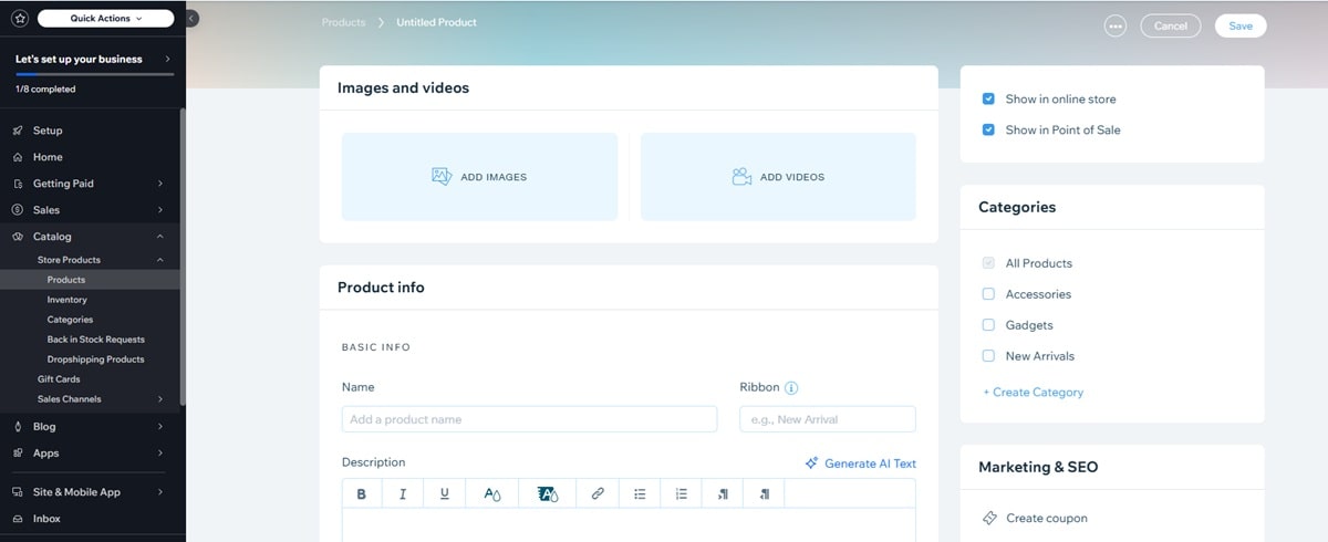 Wix ecommerce platform showcasing AI-powered tools including product image editor, SEO description generator, drag-and-drop store builder, and support for 50,000 products with multiple business models